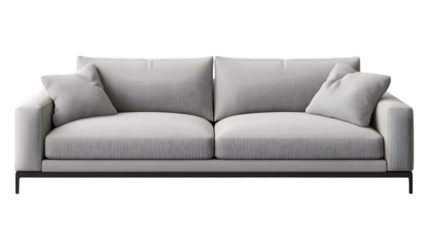 Minimalist light gray sofa featuring clean lines and soft cushions, perfect for contemporary living spaces. Isolated on transparent background