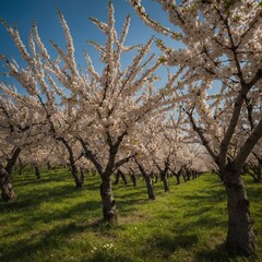 An orchard of cherry trees in bloom, their fruits just starting to show.

