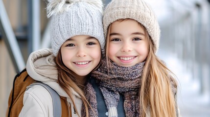 Dwie dziewczynki w zimowych ubraniach z uśmiechami