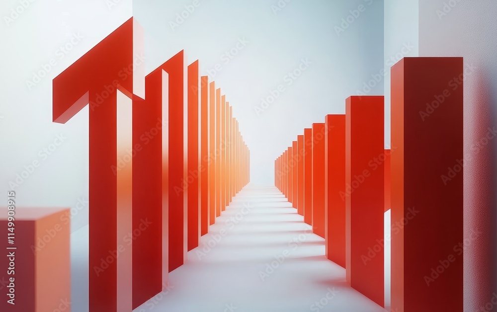 Poster abstract orange pathway of 3d shapes in white space.