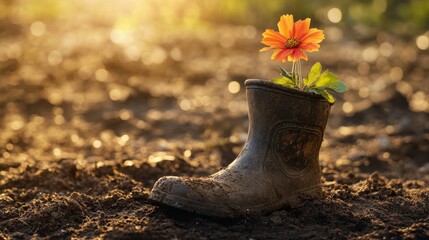 A flower is planted in a shoe. The shoe is brown and dirty. The flower is orange