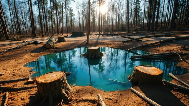 Serene woodland pool reflecting trees after selective logging