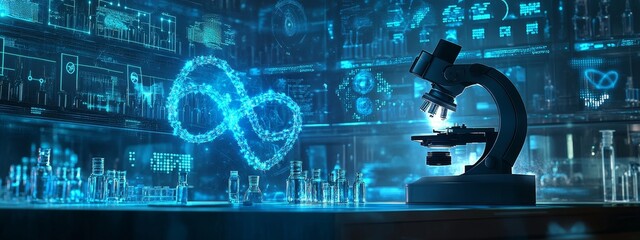 Microscope and DNA Helix in futuristic laboratory setting.