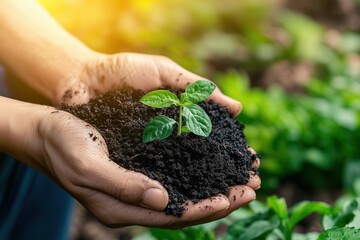 Hands holding dark soil with small sprouting seedling and green background