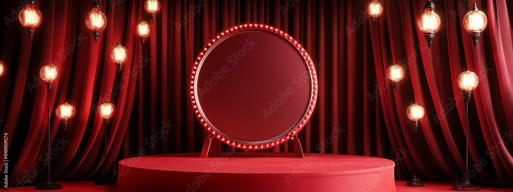 Poster red round mirror on a red stage with lights.