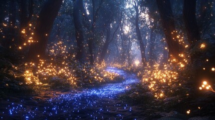 Fototapeta premium A mystical forest path illuminated by glowing lights and a shimmering stream.