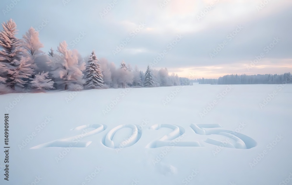 Wall mural 2025 written in the snow, winter holidays, landscape greeting card