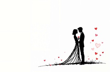 Silhouette of a man and a woman facing each other. The silhouettes suggest a romantic or affectionate interaction between the two individuals, symbolizing love. Horizontal banner, postcard.