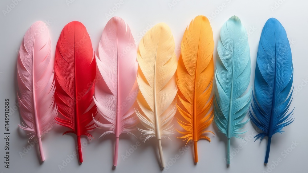 Poster A colorful array of feathers with a blue feather in the middle