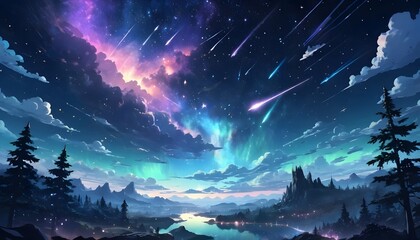 Obraz premium Celestial Serenity: A Night of Shooting Stars over a Tranquil Lake