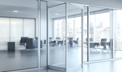 Modern glass office door entrance to a meeting room.