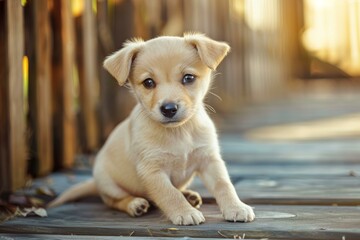 Small light brown puppy sitting on a wooden deck enjoying the soft afternoon sunlight