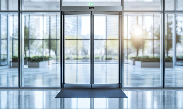 Modern automatic glass doors leading to a bright outdoor space.