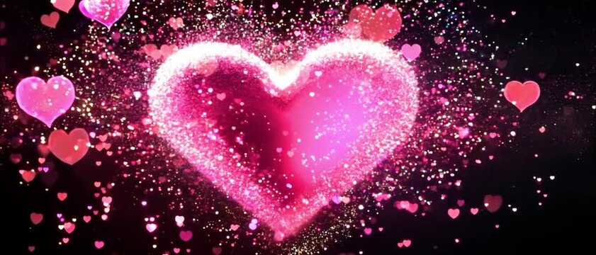 Pink hearts Valentine background. Glowing blur heart shaped lights sparkling on soft pink background. Romantic Valentine's day background. 4k video