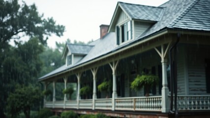Rain-soaked Porch of a Large Victorian Style Home