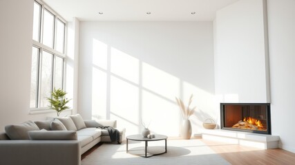 Fototapeta premium Modern minimalist living room interior design with a cozy fireplace and large windows, showcasing natural light and a calming atmosphere