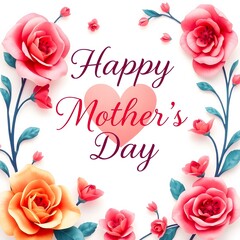 Happy Mothers Day wishes with a heart, elegant vibrant colors on a white background, distinct split, adorable cute style, charming features, divided sections, bold areas