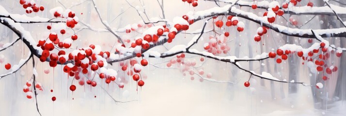 A Serene Winter Scene Featuring Snow-Covered Branches with Bright Red Berries: An Artistic Representation of Nature's Beauty and Tranquility