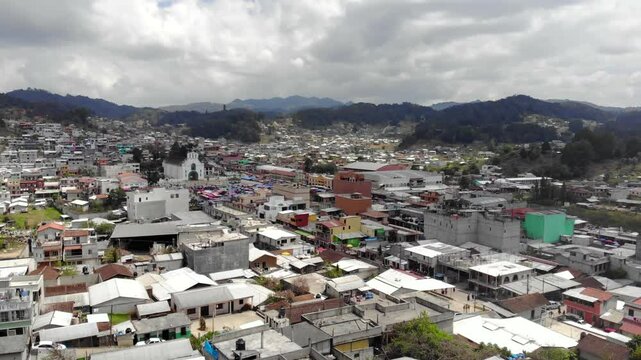 Aerial drone view flyby above San Juan Chamula - the authentic town in Chiapas, Mexico