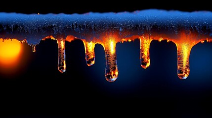 Icicles melting at sunset, reflecting warm light.