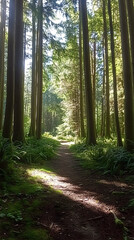 Obraz premium Tranquil Conifer Forest: A Serene Haven of Majestic Evergreens and Nature's Serenity