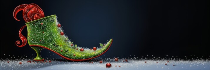 An Intricately Designed Green Elf Shoe with Red Jingle Bells and Curled Toe on a Snowy Surface Set Against a Dark Backdrop, Embodying Whimsical Holiday Cheer