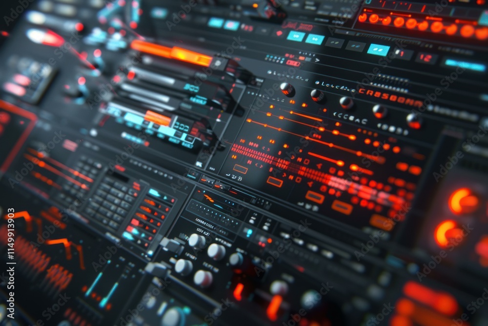 Poster futuristic control panel displaying complex data analysis and information processing with glowing in