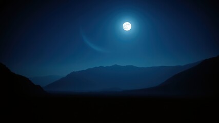 Serene Night Landscape Full Moon over Silhouetted Mountains