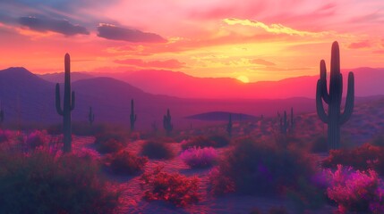 Desert landscape with cactus and mountains under a vibrant sunset.