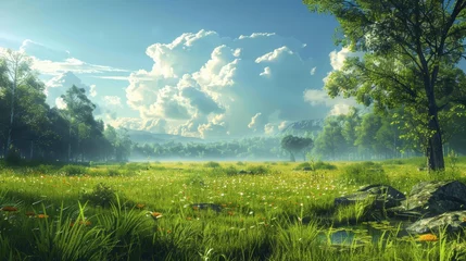 Gordijnen A breathtaking view of a pastoral landscape under a vast sky with towering clouds, showcasing the harmonious beauty of nature with green fields and lush trees © aicandy