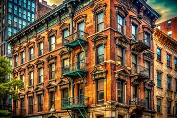 Vintage Brownstone Building, East 26th Street & 5th Avenue, NYC - Historic Fashion District Signage