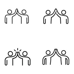 Minimalist Line Art of Two People High-Fiving - Teamwork and Collaboration Icon, Outline icon two people together holding hands with their hands raised up. Line sign friendly greeting