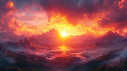 Fototapeta premium Fiery sunset over majestic, hazy mountains.