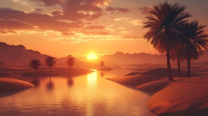 Desert oasis bathed in golden light during a magical sunset.