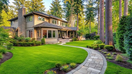 Luxurious Home Backyard Landscape Design Featuring Stone Pathway