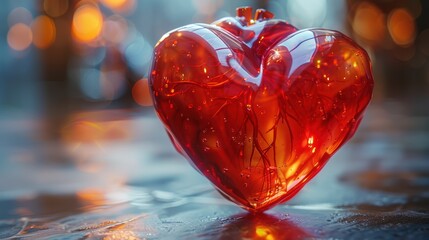 A captivating close-up of a beautifully crafted glass heart illuminated with warm, fiery hues captures the essence of art and emotion intertwined effortlessly