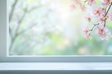 Spring blossoms on windowsill, blurred garden view.