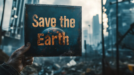 Apocalyptic Plea: Save the Earth. A hand holds a sign with a distressed image of the Earth against a backdrop of a ruined city.
