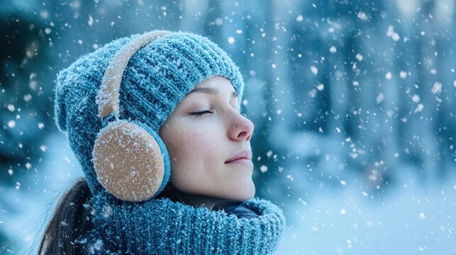 A person wearing cozy earmuffs while walking through a snowy park on a winter day