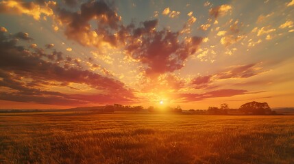 Fototapeta premium Dramatic clouds and vibrant colors during a sunset over a rural farm.