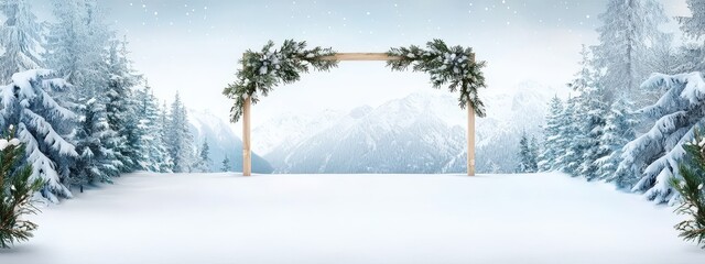 Fototapeta premium A snowy mountain wedding backdrop with a cozy rustic feel.