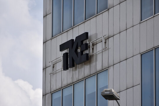 TKE (TK Elevators) company office. Emblem, logo, signage on the facade. WARSAW, POLAND - JULY 26, 2024