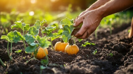 A pair of hands carefully tends to small pumpkins growing in a garden, bathed in the golden light of sunset. The scene captures the nurturing process of gardening during harvest season.. AI Generation