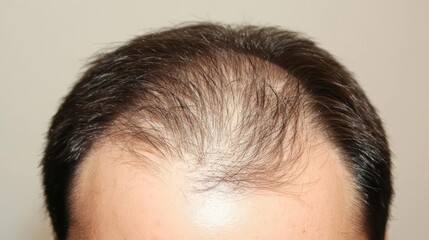 Obraz premium Close-up front view of a man with hair loss and thinning on the crown, a candid look at the reality of hair loss.