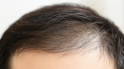 Close-up front view of a man with hair loss and thinning on the crown, a candid look at the reality of hair loss.