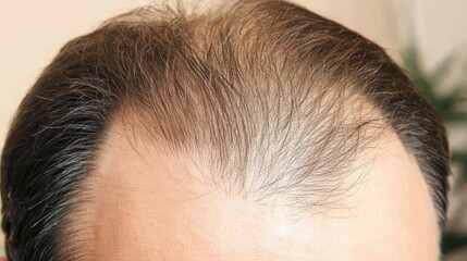 Obraz premium Close-up front view of a man with hair loss and thinning on the crown, a candid look at the reality of hair loss.