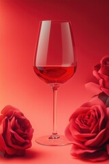 Glass of rose wine and some roses on a red background