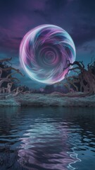Surreal glowing orb above tranquil water and ancient trees