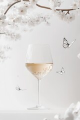 White wine glass, butterflies and cherry blossom flowers