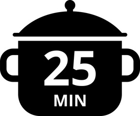 Cooking time and pot icon set. Cook for 1, 2, 5, 10, 15, 20, 25, 30, 40, 45, 50, 60 minutes vector icon.